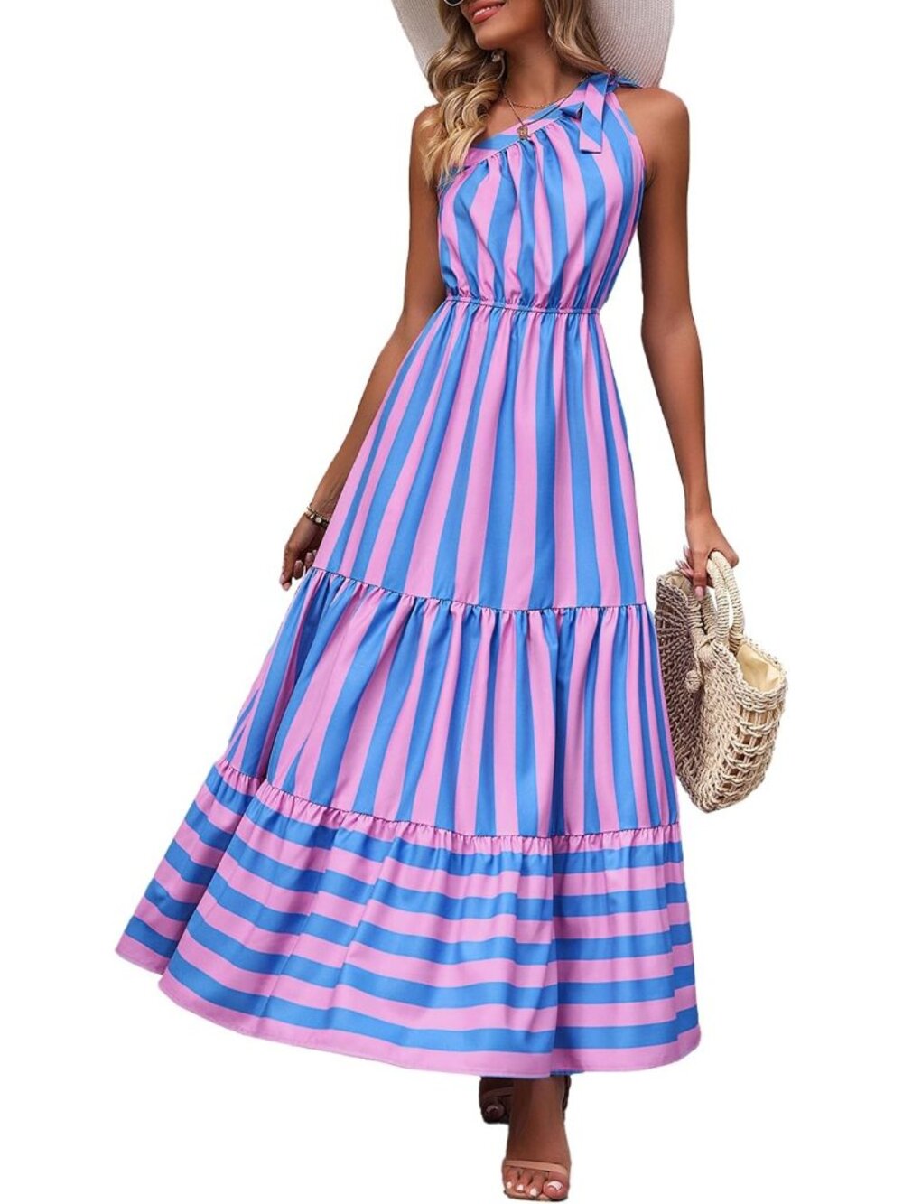 Women's Blue Pink Sleeveless Tiered A Line One Shoulder Boho Floral Maxi Dress